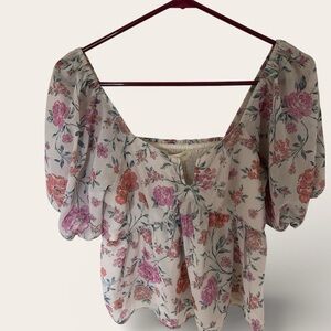 saltwater LUXE Cream Floral Puff-Sleeve Square-Neck Blouse